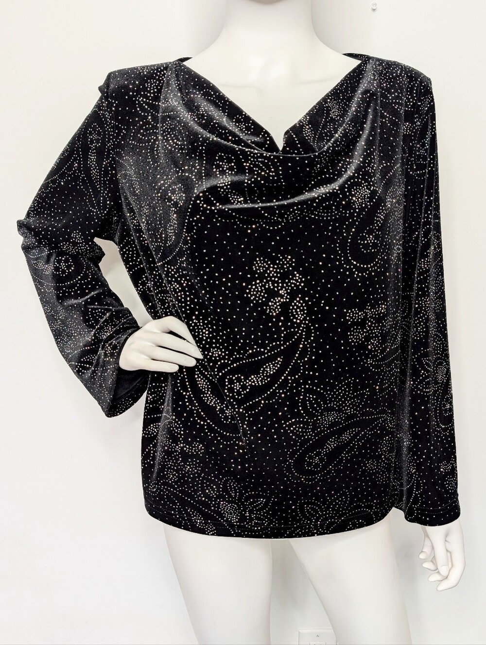 Y2K Black Velvet Silver Glitter Paisley Pattern Cowl Neck Long Sleeve Top